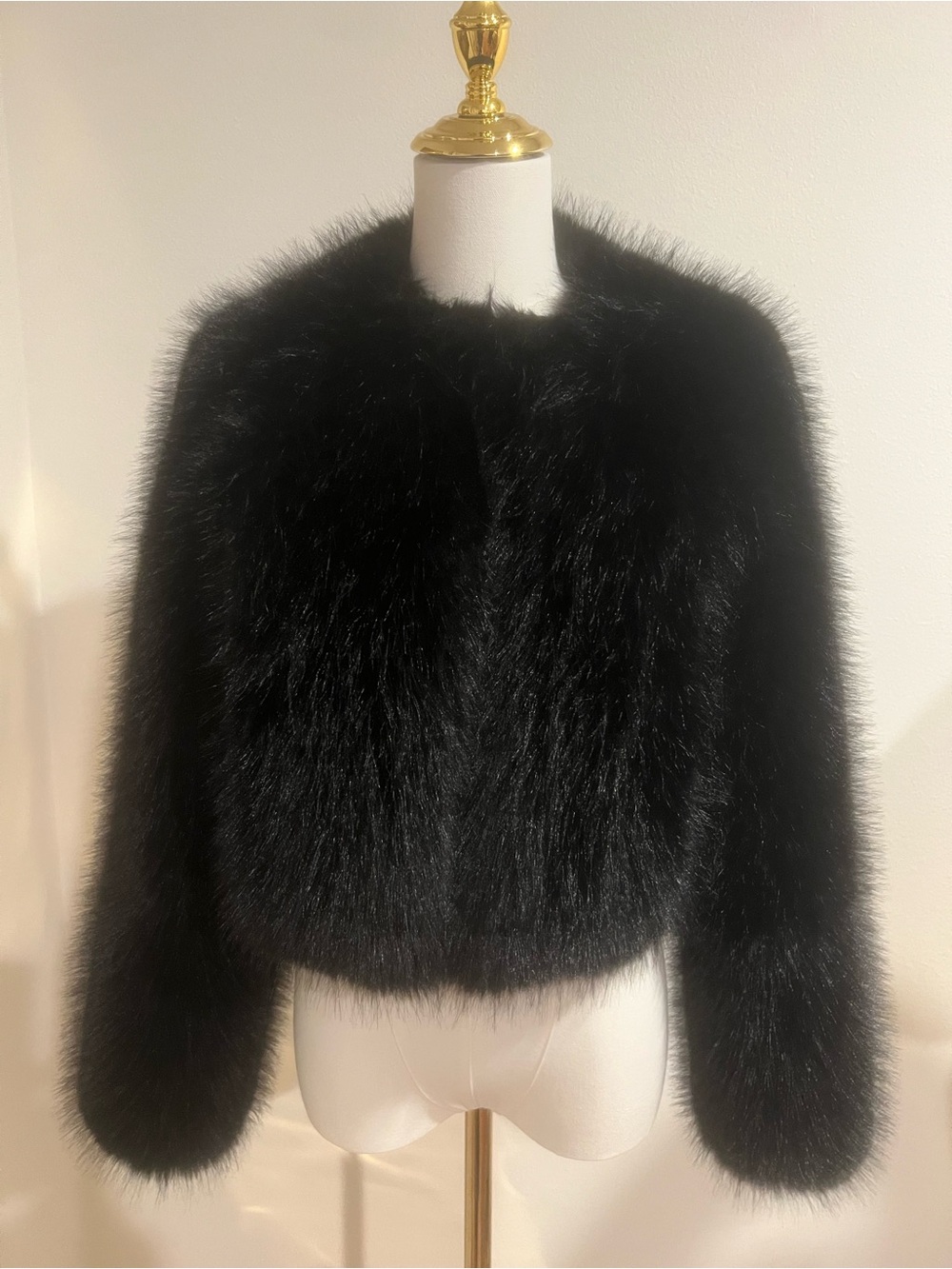 Mango Black Plush Faux-Fur Cropped Jacket